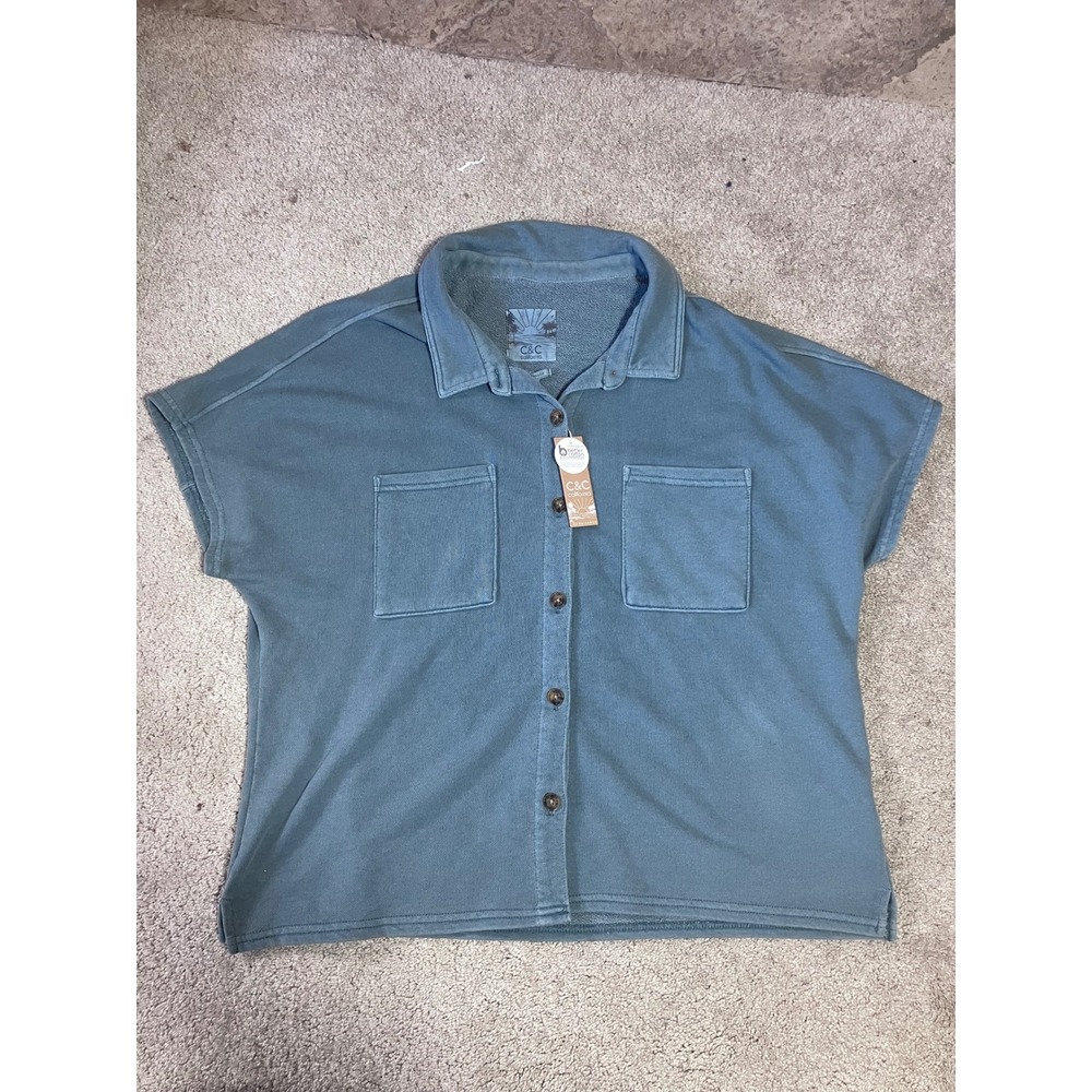 C&C California Sunwashed Button Down Top Women 1X Blue Short Sleeve French Terry